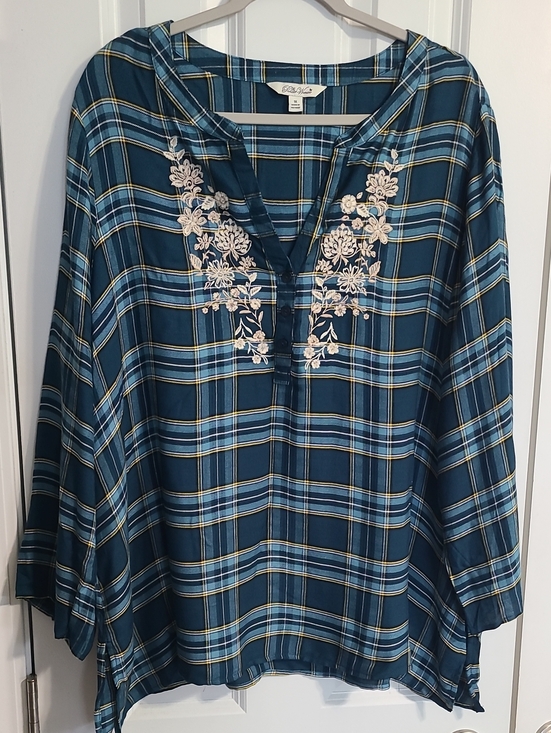 The Pioneer Woman Tops - The Pioneer Woman Teal Plaid Tunic with Cream Floral Embroidery